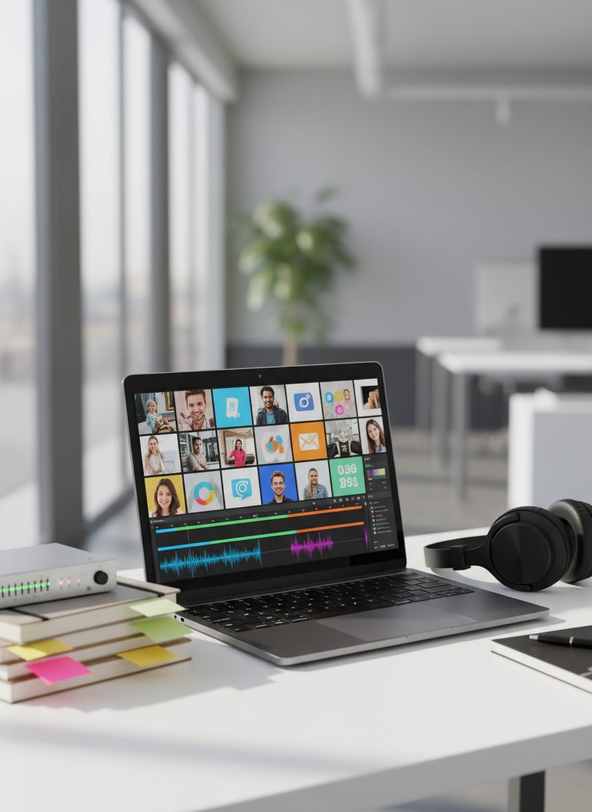A sleek dark-charcoal laptop open on a clean white desk, its screen displaying a vibrant storyboard of a marketing campaign with colorful thumbnails, timelines, and audio waveforms. Around it lie neatly stacked sketchbooks with sticky notes, a brushed metal audio interface with glowing LED levels, and a pair of matte black studio headphones resting beside a minimalist notebook. Soft daylight from a large unseen window washes across the scene, creating gentle reflections on the laptop’s metallic edge and subtle shadows from the objects. Shot at eye level with a shallow depth of field, the background fades into a softly blurred modern office, evoking a professional, focused atmosphere in crisp photographic realism.
